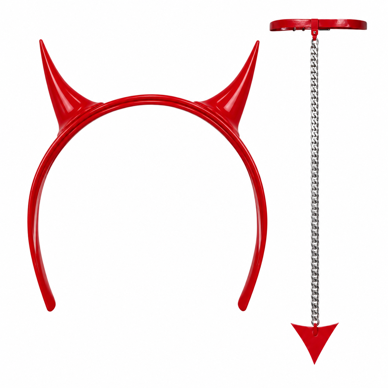 Devil Horns & Lucifer Tail Set - red horns headband and chain tail belt