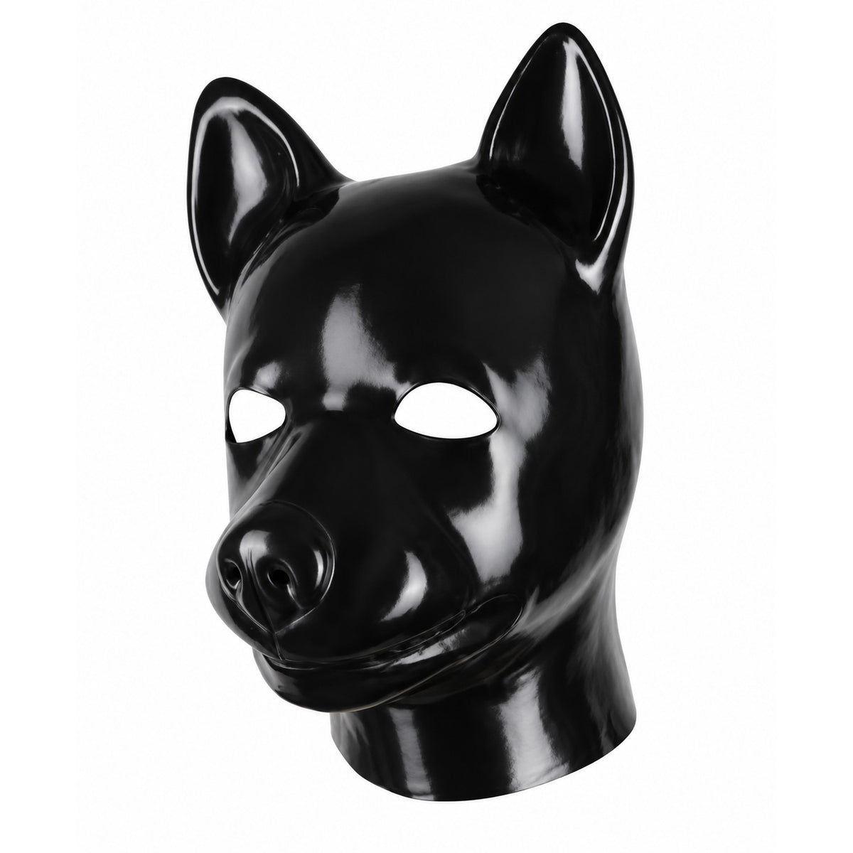 Black molded latex dog / puppy mask, front view — zip back, upright ears, by Vex Clothing