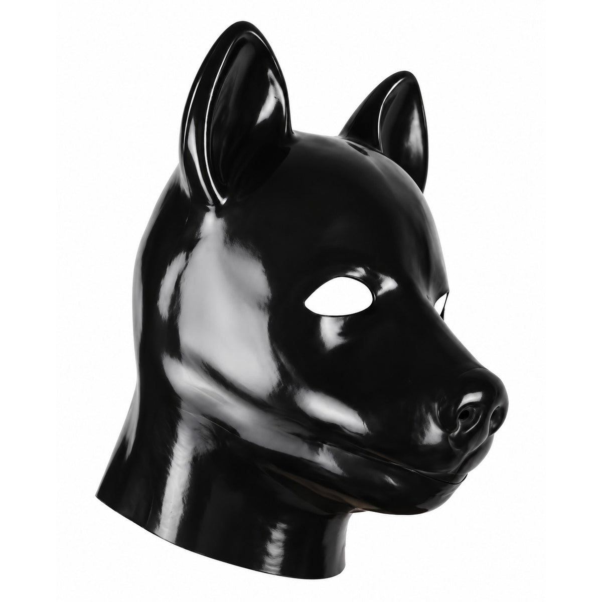 Black molded latex dog / puppy mask, side profile — by Vex Clothing