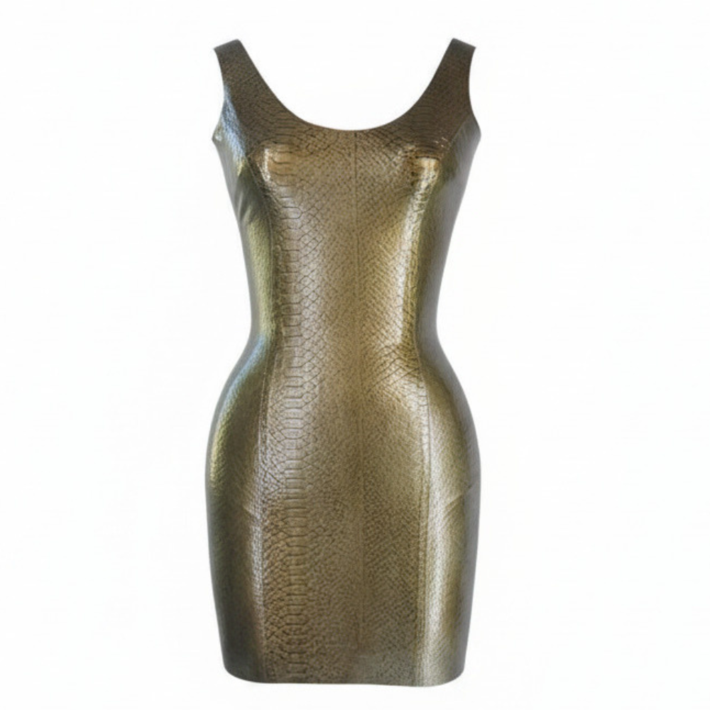 A sleeveless, metallic gold bodycon dress by Vex Inc. | Latex Clothing features a scoop neckline and subtle snakeskin texture—perfect for your Ready to Ship Banner or accent bar—shown on a plain white background.