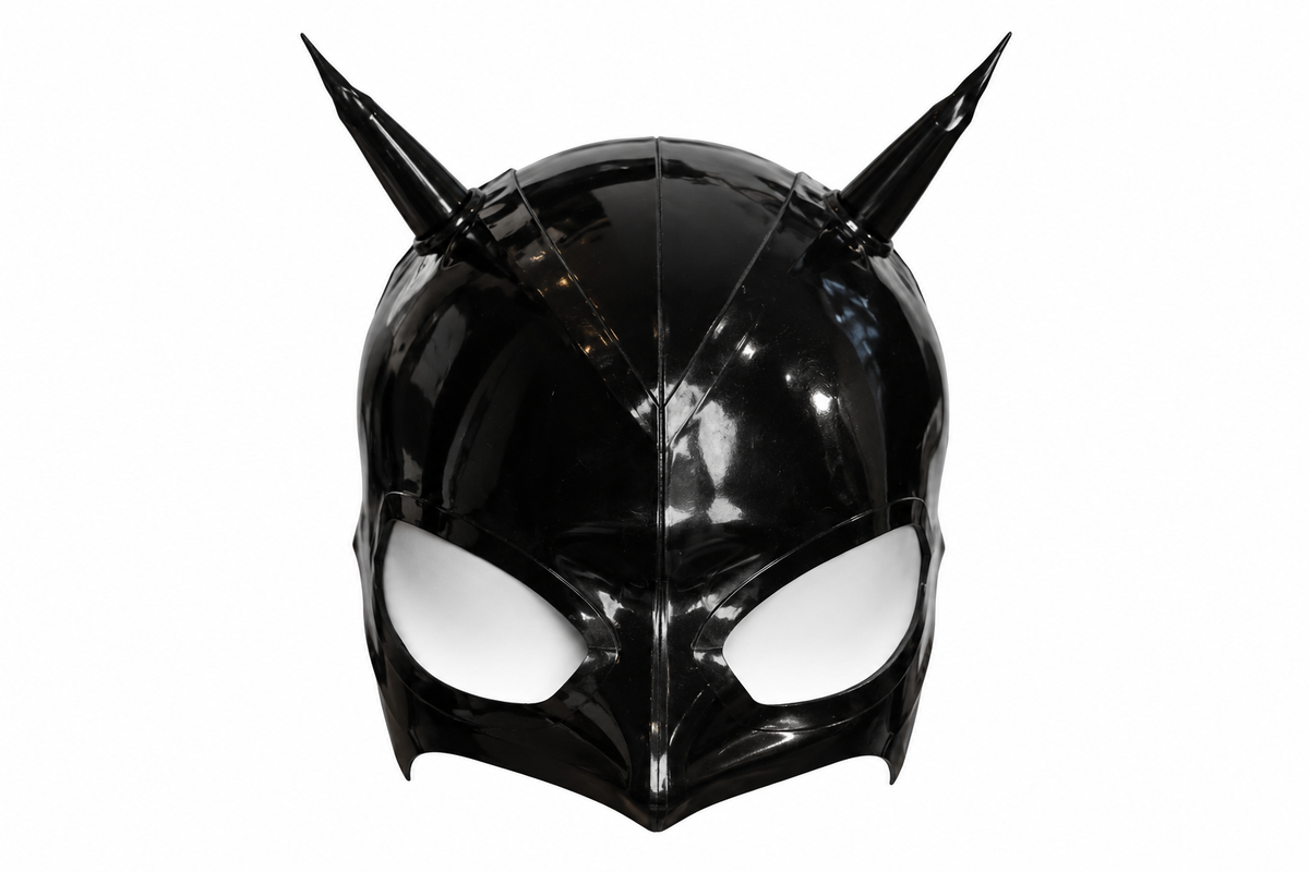 Black latex horned devil half hood, front
