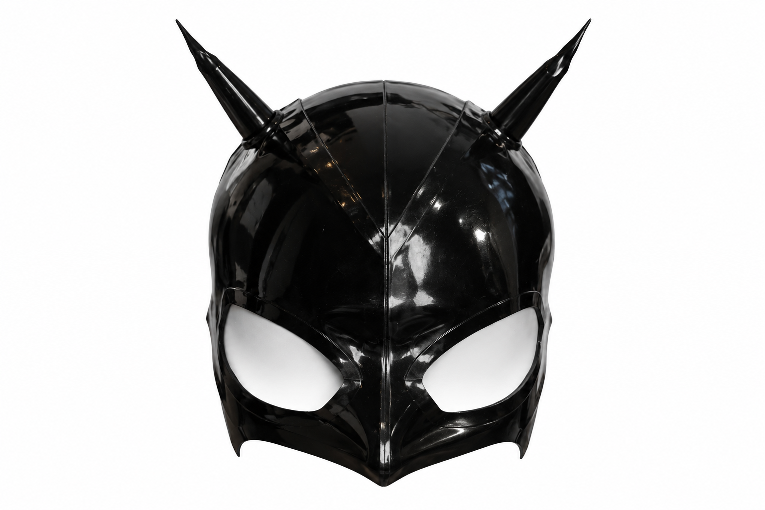 Black latex horned devil half hood, front