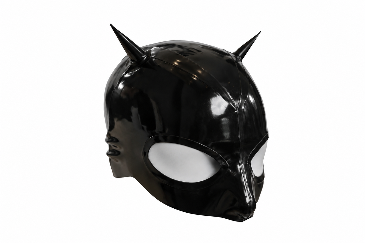 Black latex horned devil half hood, side