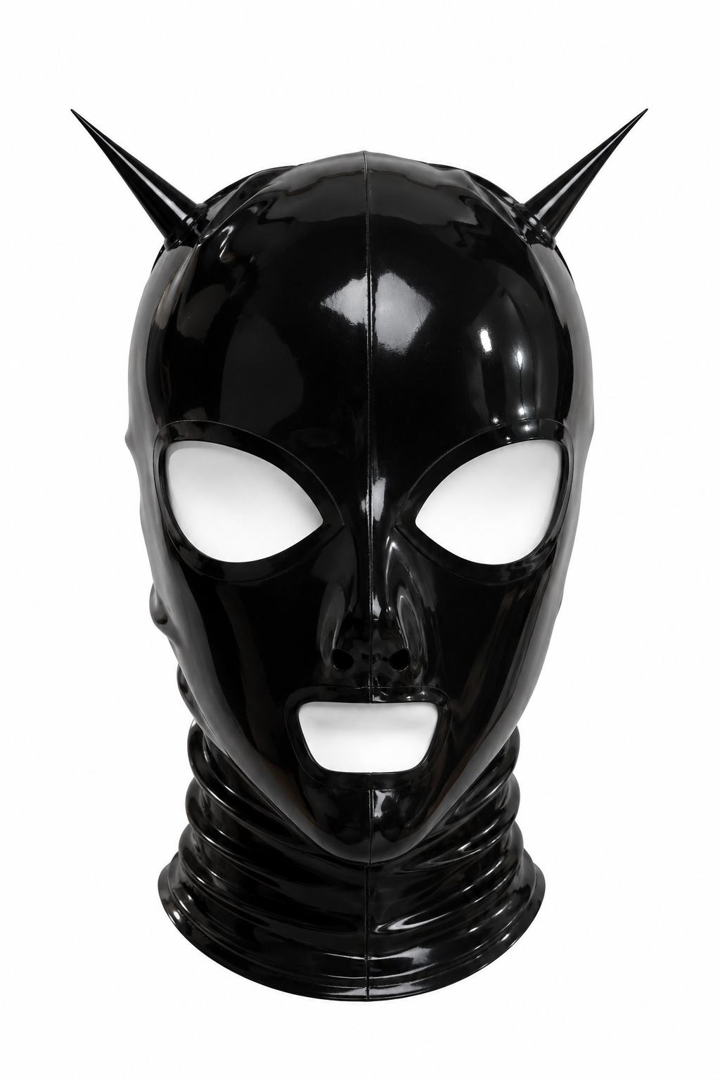 Black latex horny devil hood with horns, open eyes and mouth