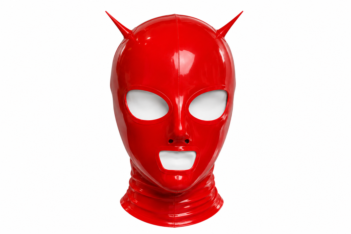 Red latex horny devil hood with horns, open eyes and mouth