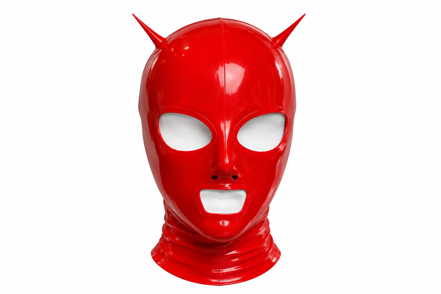 Red latex horny devil hood with horns, open eyes and mouth
