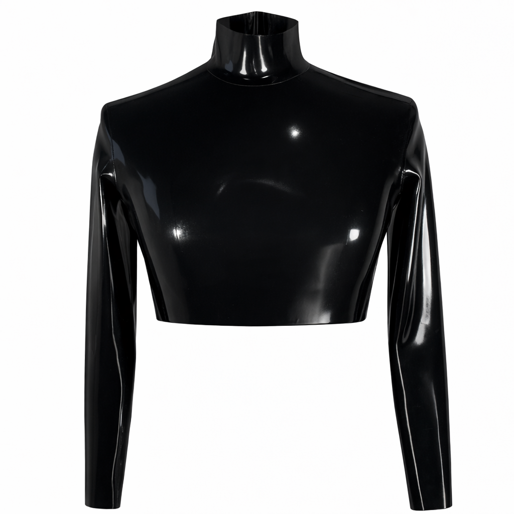 Vex Clothing, INC | Latex Clothing presents a shiny black latex long-sleeve crop top with a high neckline and smooth, reflective finish. Handmade in California, it's the perfect modern piece for luxury latex lovers.