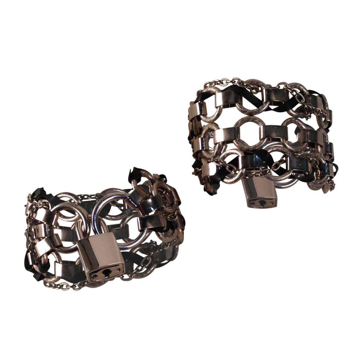 Interlock ankle cuffs, interwoven latex and metal chain with padlocks