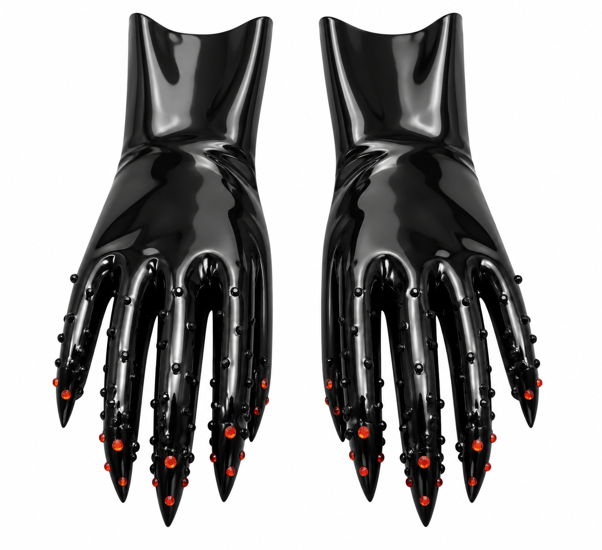 One of a kind black latex Lucifer gloves with red crystal accents - Vex Clothing