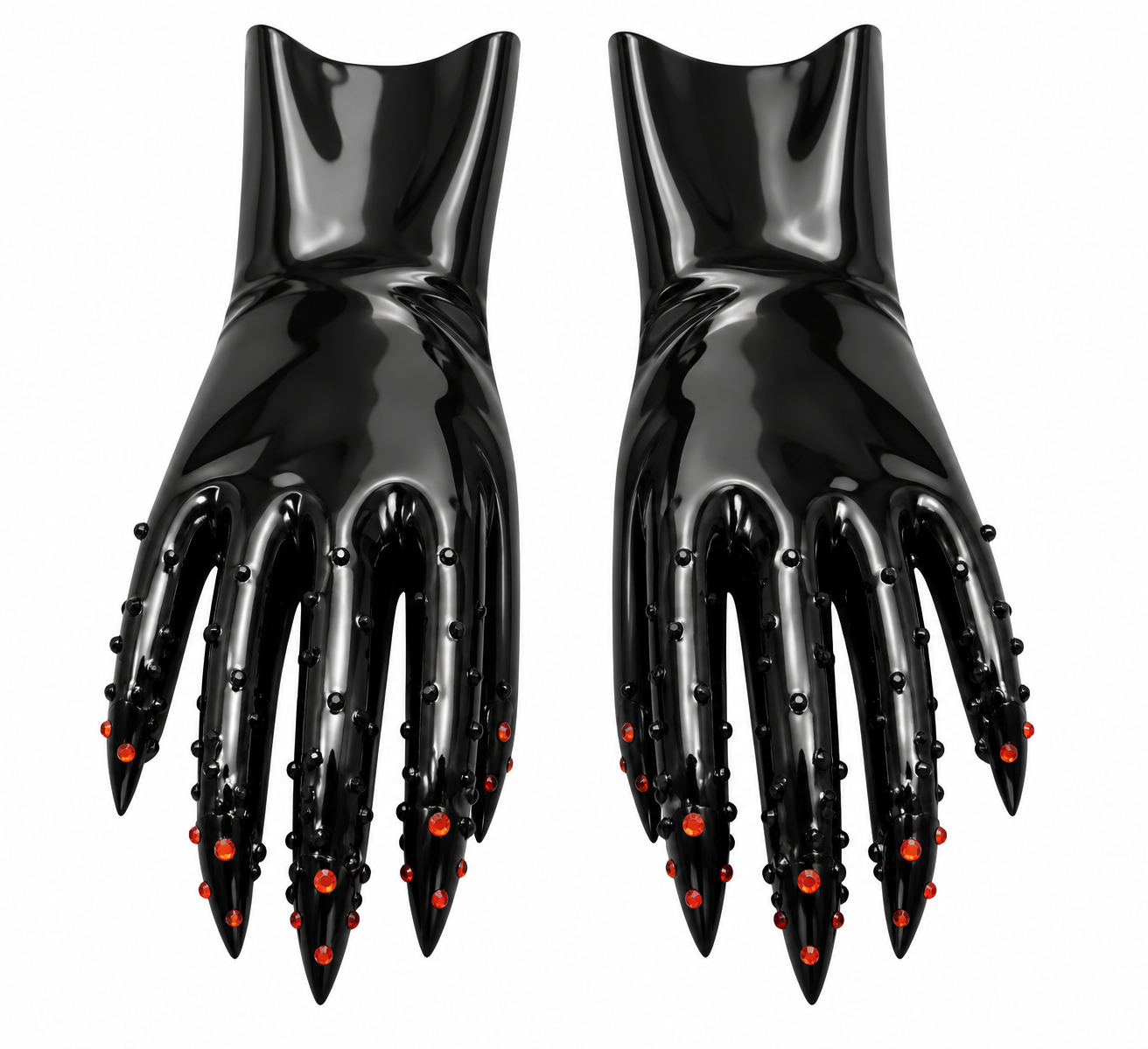 One of a kind black latex Lucifer gloves with red crystal accents - Vex Clothing