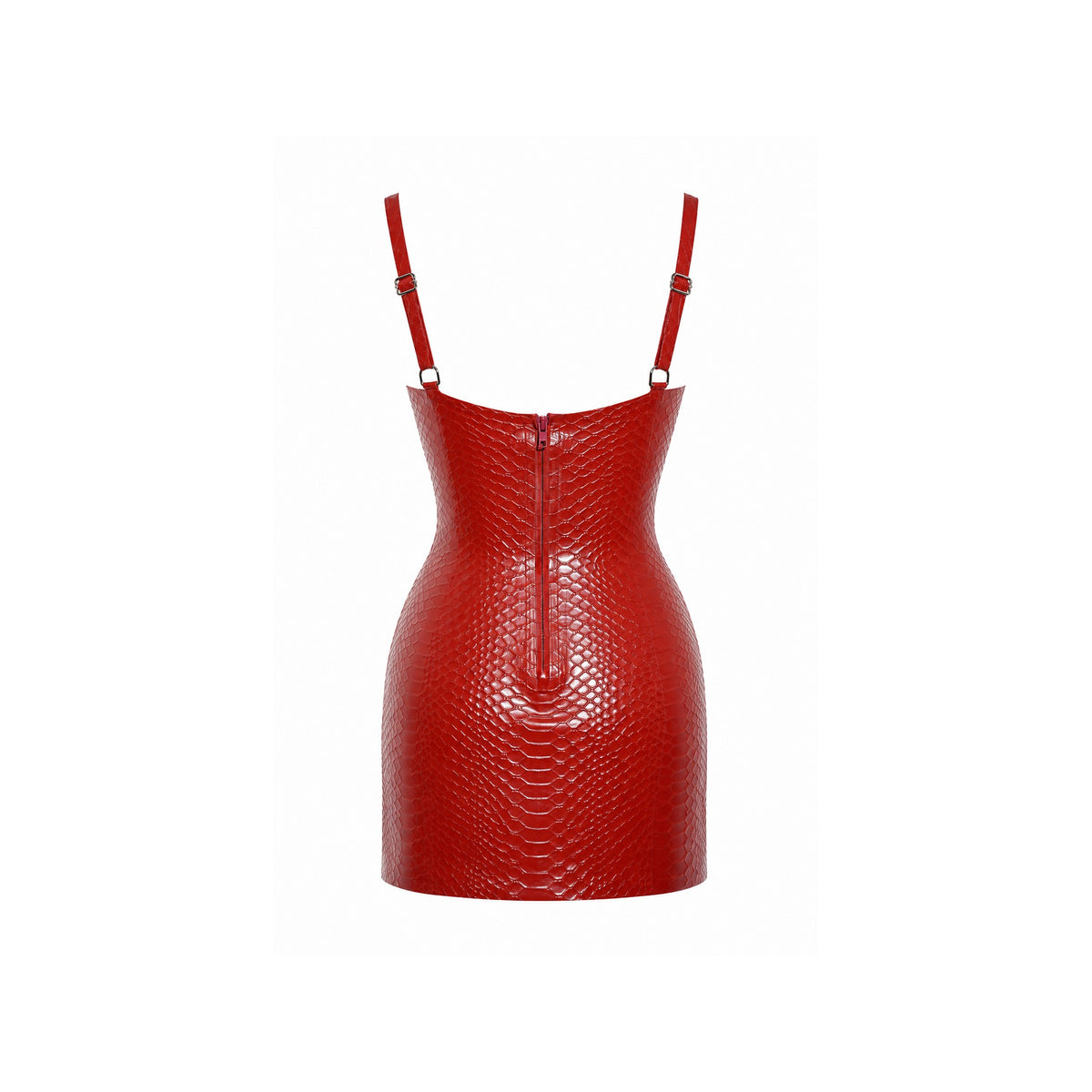 Back view of the Medusa Dress in Mahogany Snake latex — exposed centre-back zip and adjustable straps with silver hardware — Vex Clothing