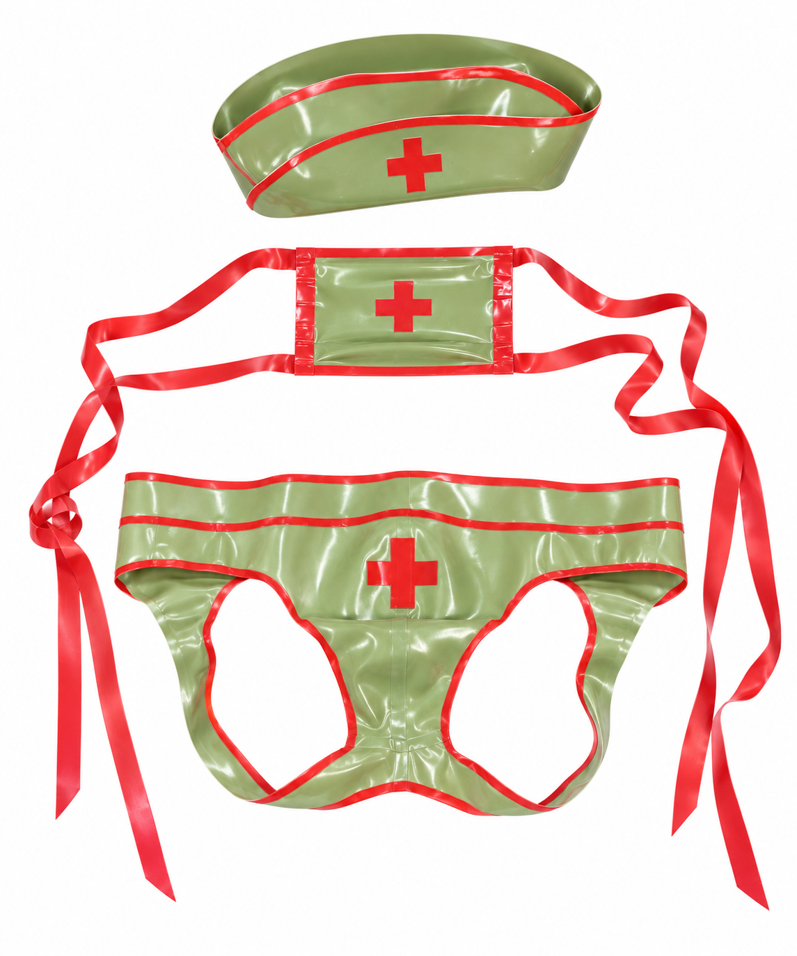 Mens Nurse Set - olive green latex with red trim: garrison hat, mask and jock