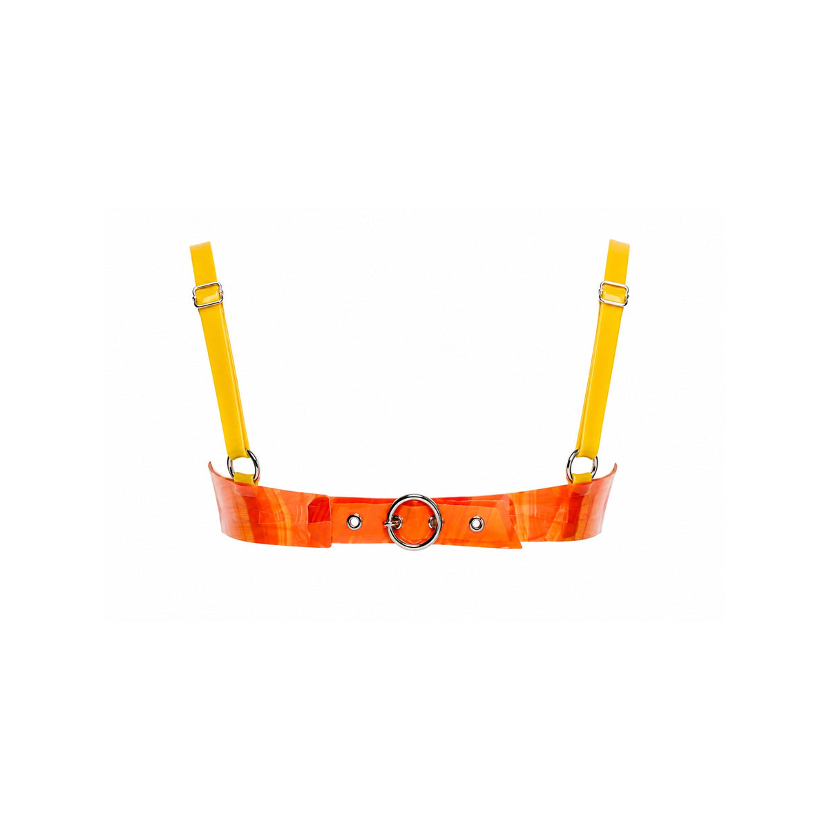 Back of the Milk Bandeau in transparent Orange Red nylon latex — adjustable yellow straps, silver hardware and O-ring detail — Vex Clothing