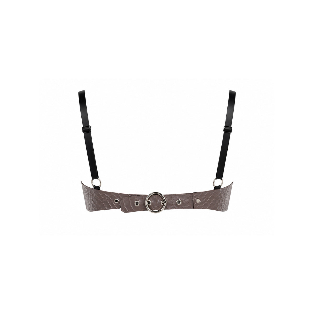 Back of the Opal Snake Milk Bandeau — adjustable black latex straps, silver O-ring and eyelet buckle closure — Vex Clothing