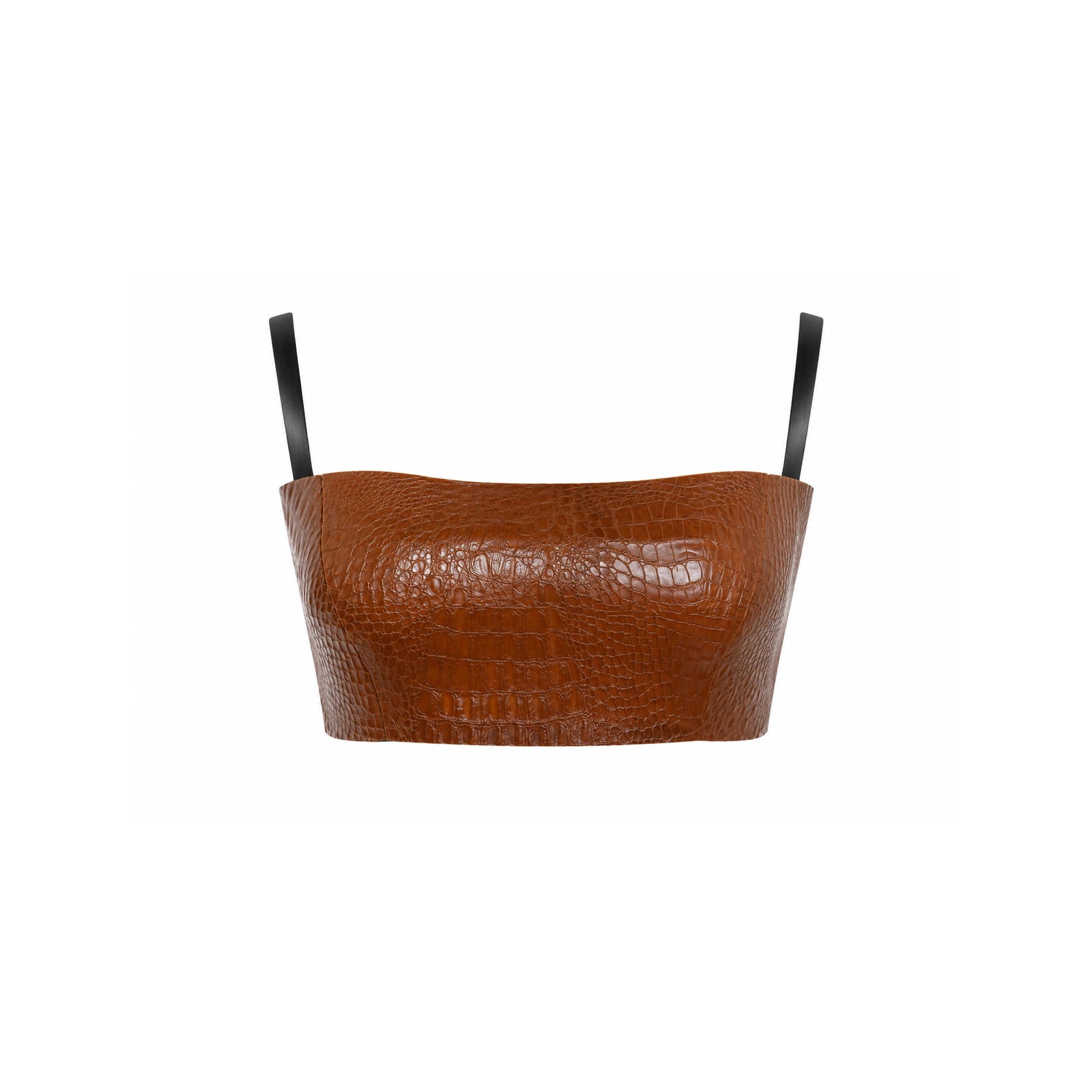 One-of-a-kind Milk Bandeau in Cognac Croc — matte croc-embossed brown latex with black straps, size Medium — Vex Clothing