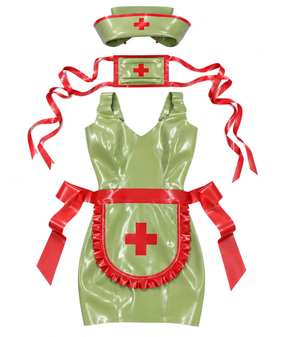 Nurse Dress Set - moss green latex with red trim: hat, mask, dress and apron
