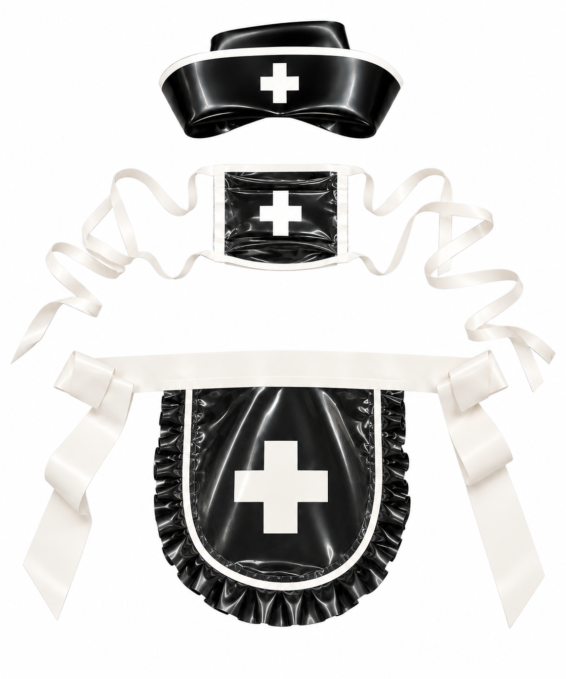 Nurse Set - black latex with oyster trim, hat, collar and apron