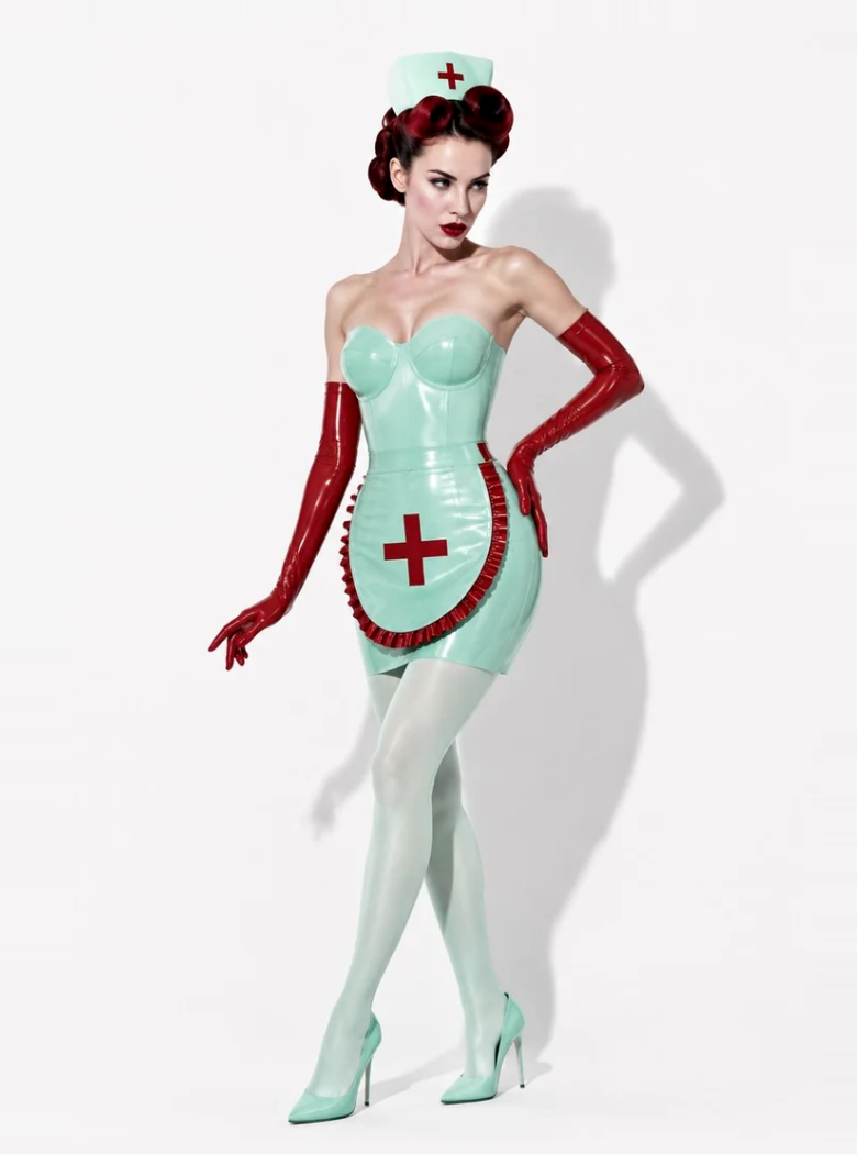 Model wearing mint latex nurse costume with red cross apron - Vex Clothing