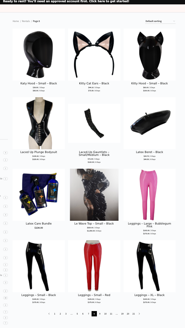 A product page displaying various black latex items, including hoods, cat ears, bodysuits, gauntlets, a beret, a clothing care bundle, a latex top, and shiny leggings in pink and black, shown in a grid layout.