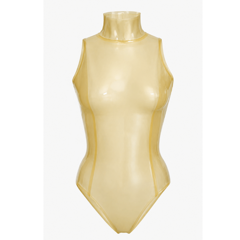 Transparent Natural latex sleeveless bodysuit with mock turtleneck and back zip, size Large — Vex Clothing