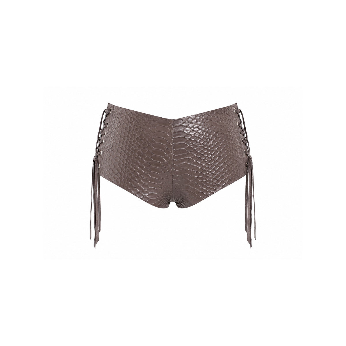 Back of the Opal Snake Venom Shorts — high-rise cut with lace-up detail at both hips — Vex Clothing