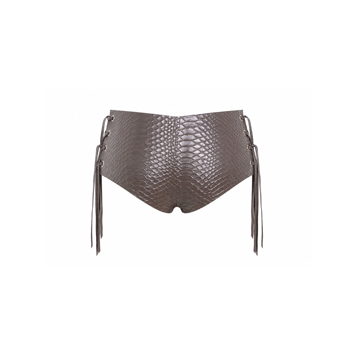 Opal Snake Venom Shorts showing the silver-grey snake emboss and pink shimmer in the light — Vex Clothing