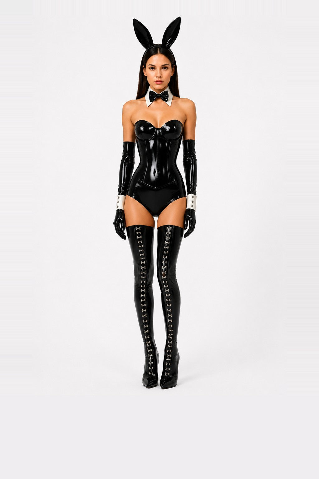 Model in a black latex bunny corset with ears, bow tie and laced stockings — Vex bunny costume