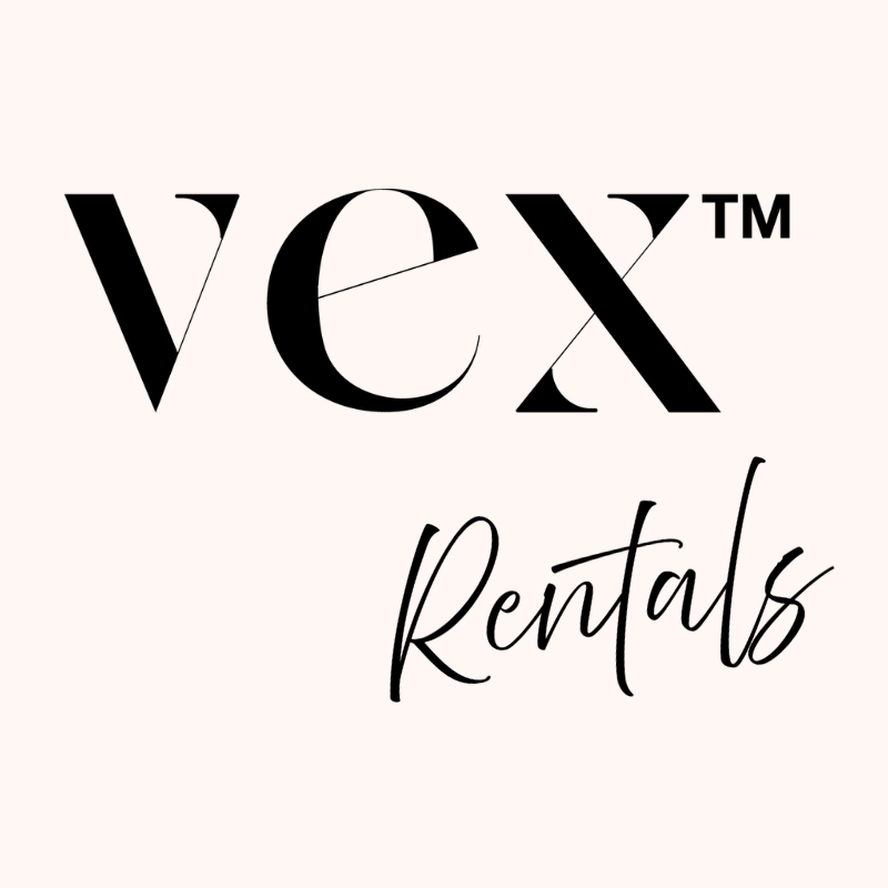 The image displays the logo vex™ Rentals with vex™ in bold, modern font and Rentals in a cursive, handwritten style below, all on a light background.