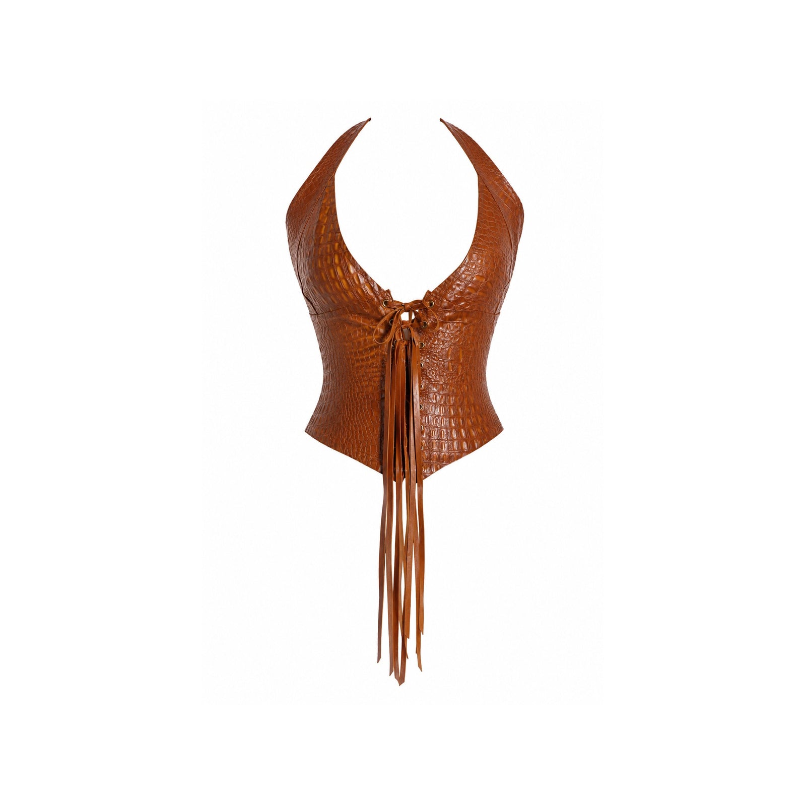 One-of-a-kind Viper Vest in Cognac Croc — matte croc-embossed brown latex halter vest with plunging lace-up front, size Medium — Vex Clothing