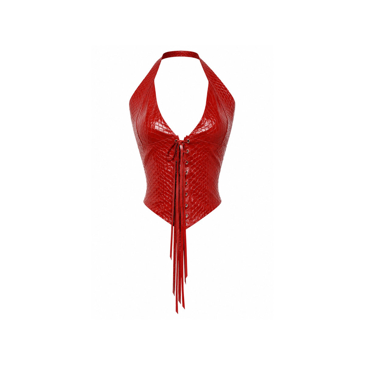 Viper Vest in Mahogany Snake latex — snake-embossed halter vest with plunging lace-up front, size Medium — Vex Clothing