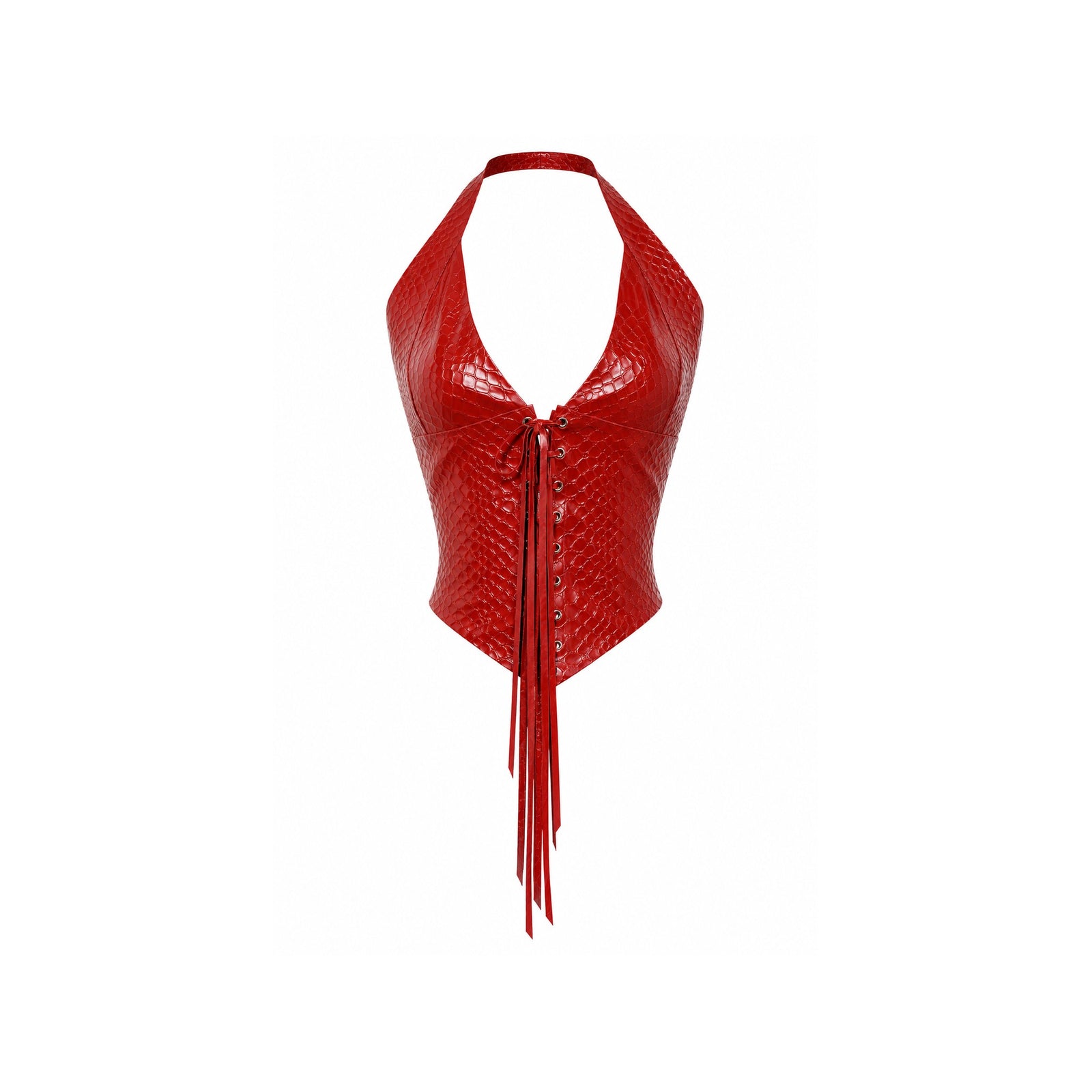 Viper Vest in Mahogany Snake latex — snake-embossed halter vest with plunging lace-up front, size Medium — Vex Clothing