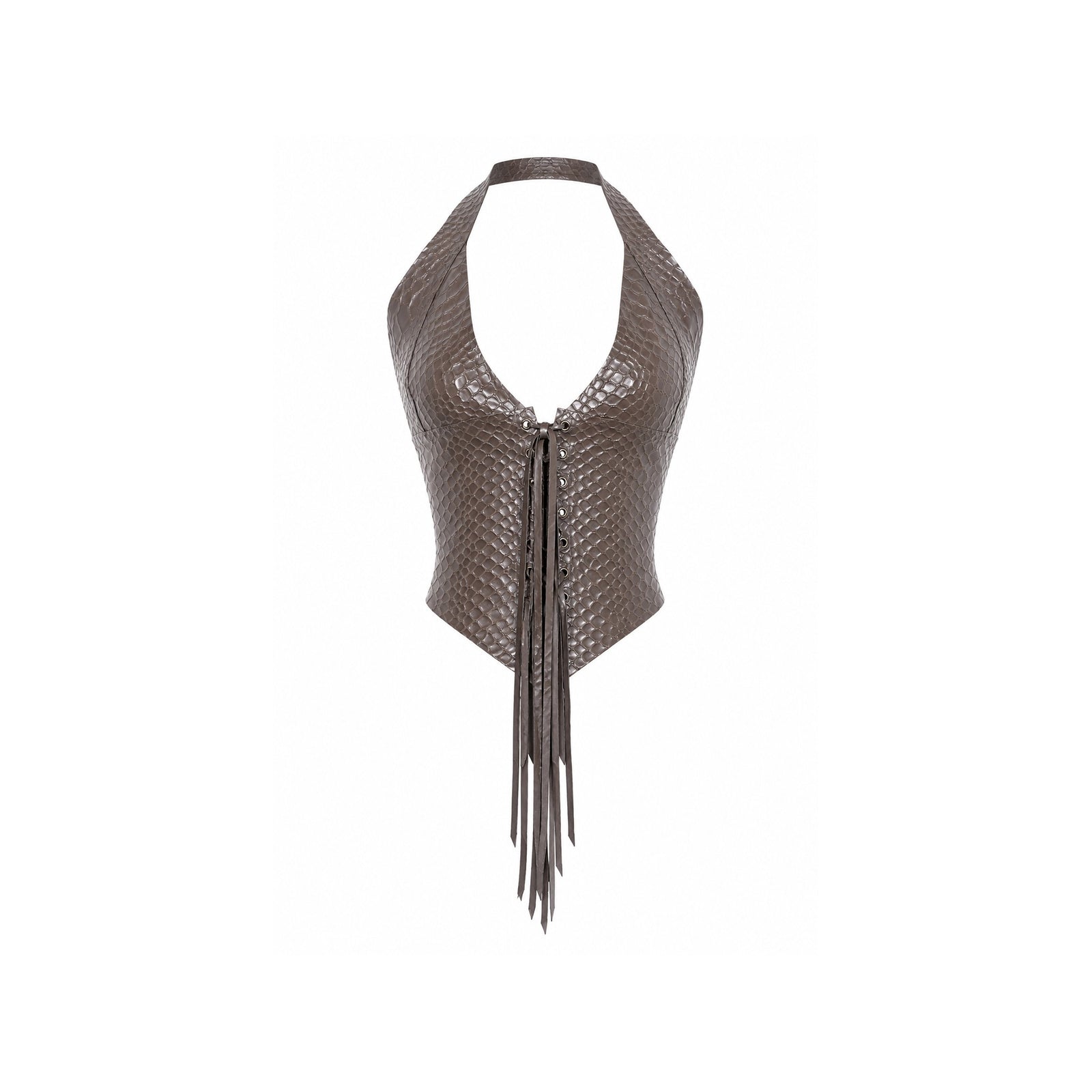 One-of-a-kind Viper Vest in Opal Snake latex — silver-grey snake emboss with pink shimmer, plunging lace-up front, size Medium — Vex Clothing