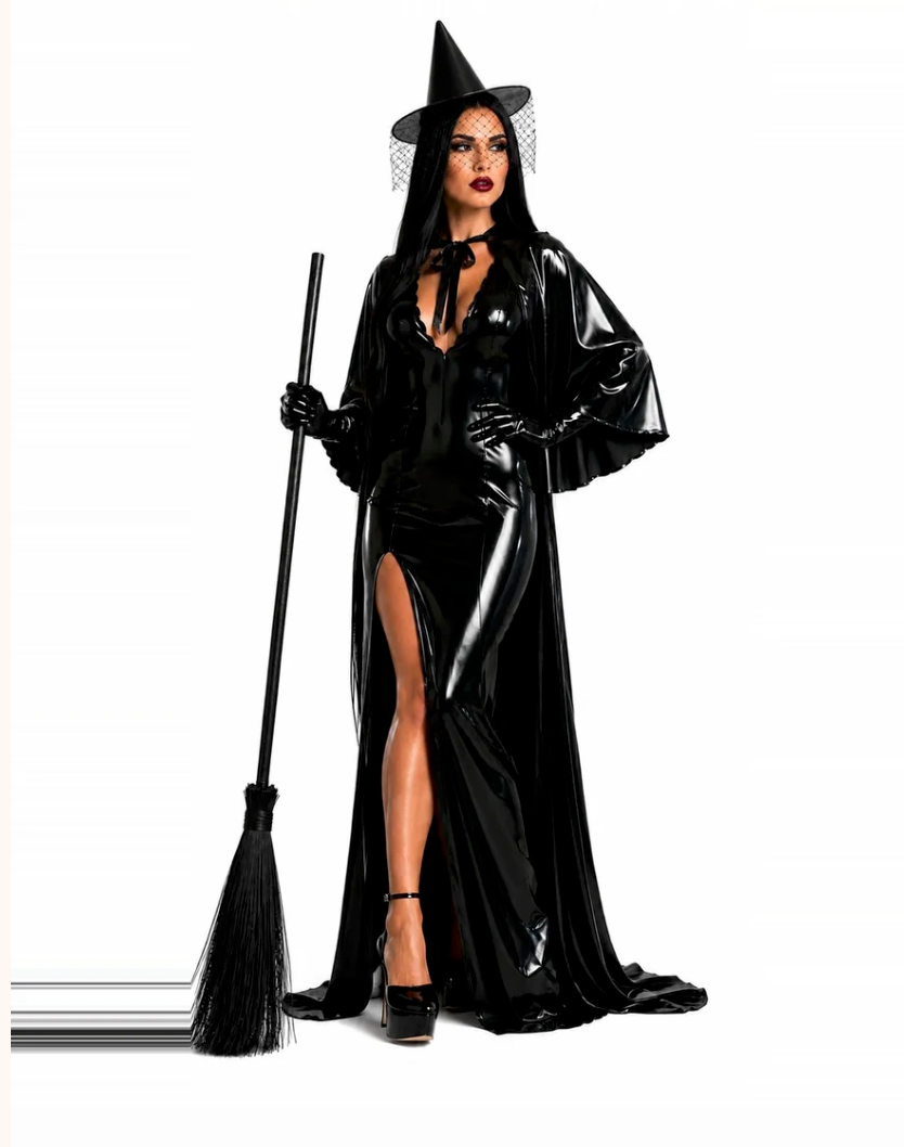 Model wearing black latex witch hat and gown - Vex Clothing