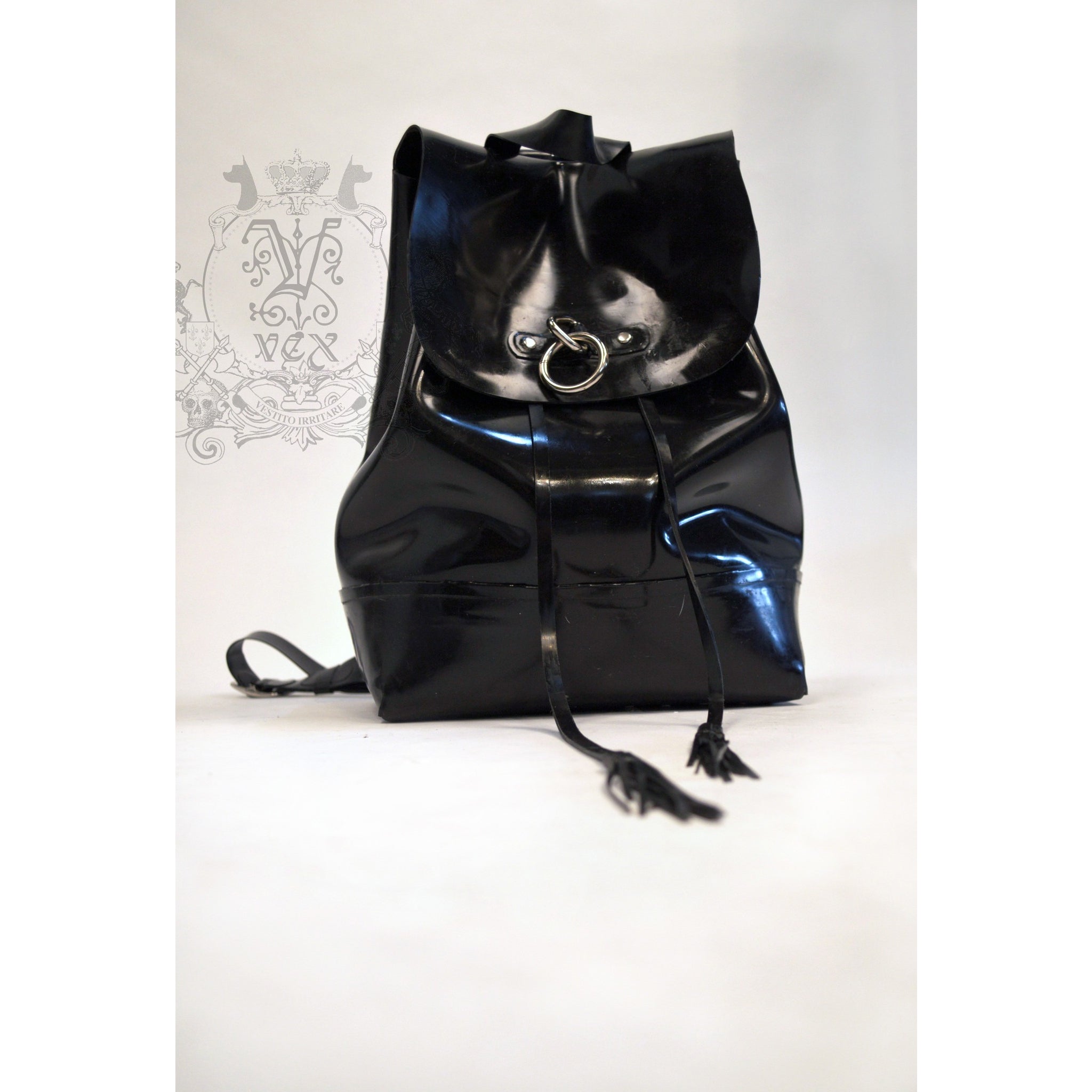 black leather drawstring backpack Vex Clothing: Handmade Latex Ring Back Pack with Tassel Drawstring