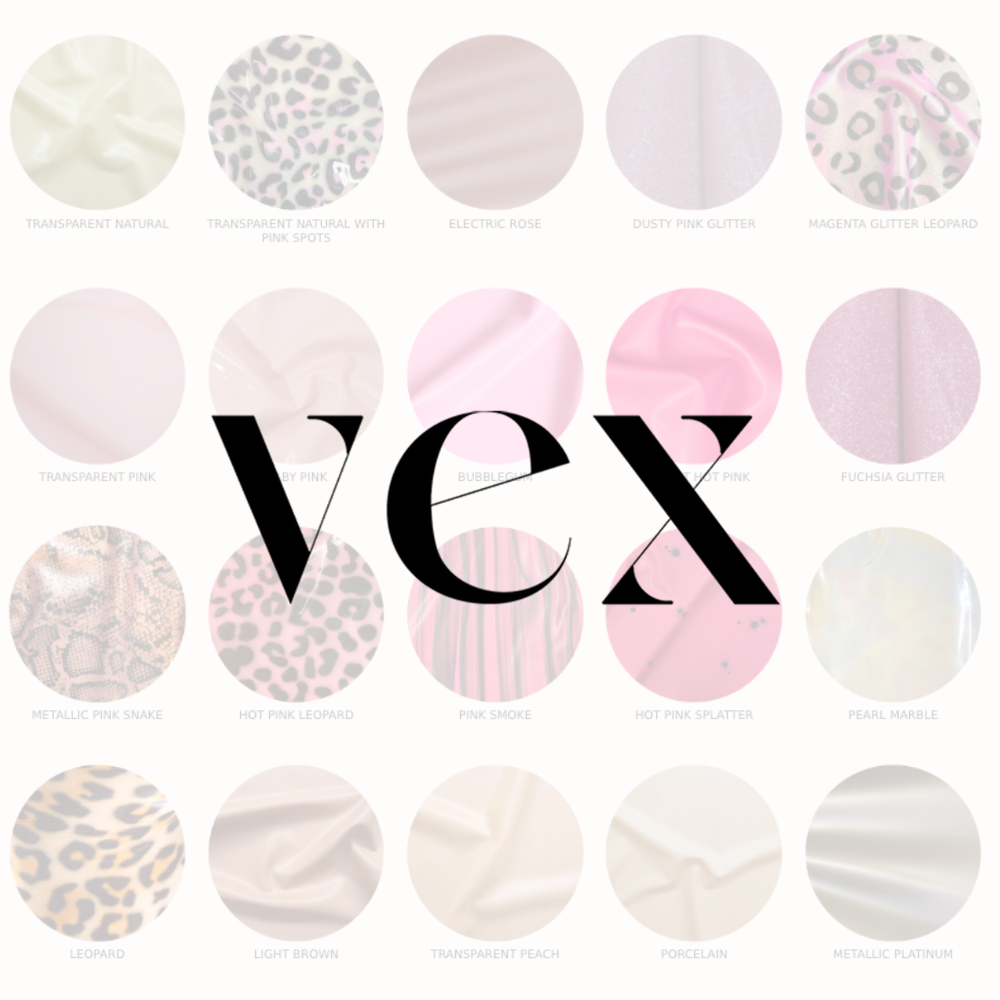 A grid of 20 fabric and latex swatches in pinks, animal prints, and metallics features Vex Inc. | Latex Clothing in bold black letters centered over the samples.