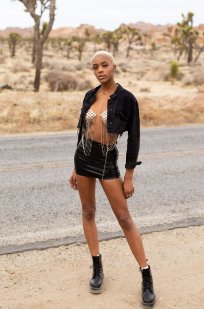 Black latex Peekaboo Mini Skirt with wide belted waist — Vex Clothing
