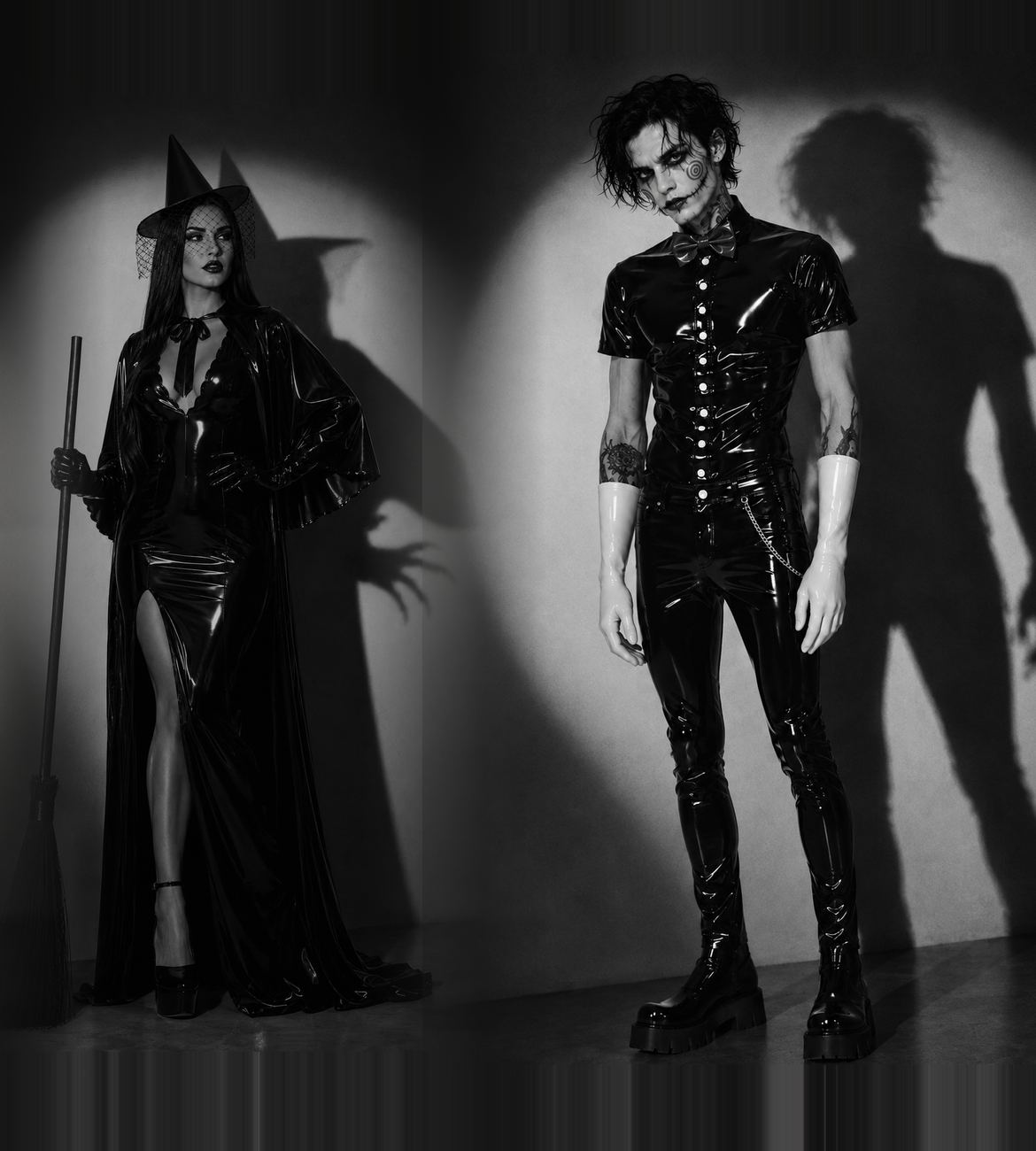 Five latex Halloween costumes photographed against one lit wall